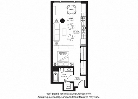 Floor plan for studio, 1 bath, 637 sqft